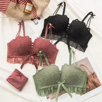 

Wasteheart Women Fashion Red Green Lace Padded Bra Sets Bralette Mesh Panties Wireless Underwear Sexy Lingerie Sets A B Japanese