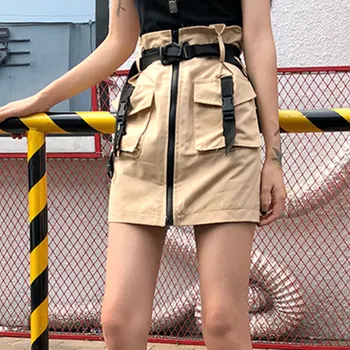 

Solid Colors Skirts Pocket Skirt Sashes Ladies Short Tool Skirt Summer High Waist A Line Zipper One-Step Skirt with Belt
