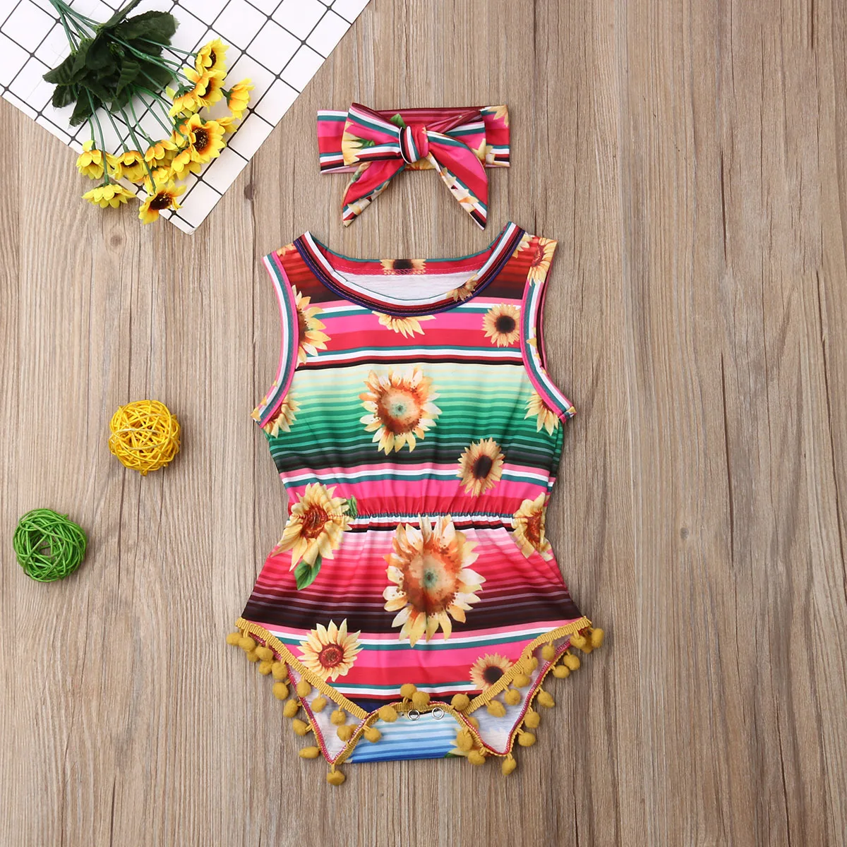 

Newborn Infant Baby Girl Sunflower Soft Fashion Romper Jumpsuit Bodysuit Headband Clothes Outfit