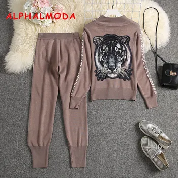 

ALPHALMODA New Heavy-work Tigher Zipper Knit Jacket + Letter Pants Women Fashion 2pcs Tracksuits Ladies Autumn New Outfit