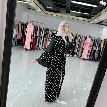 

Vintage dot printed beautiful abaya womens black dubai kaftan turkey arab open cardigan free shiping abaya female