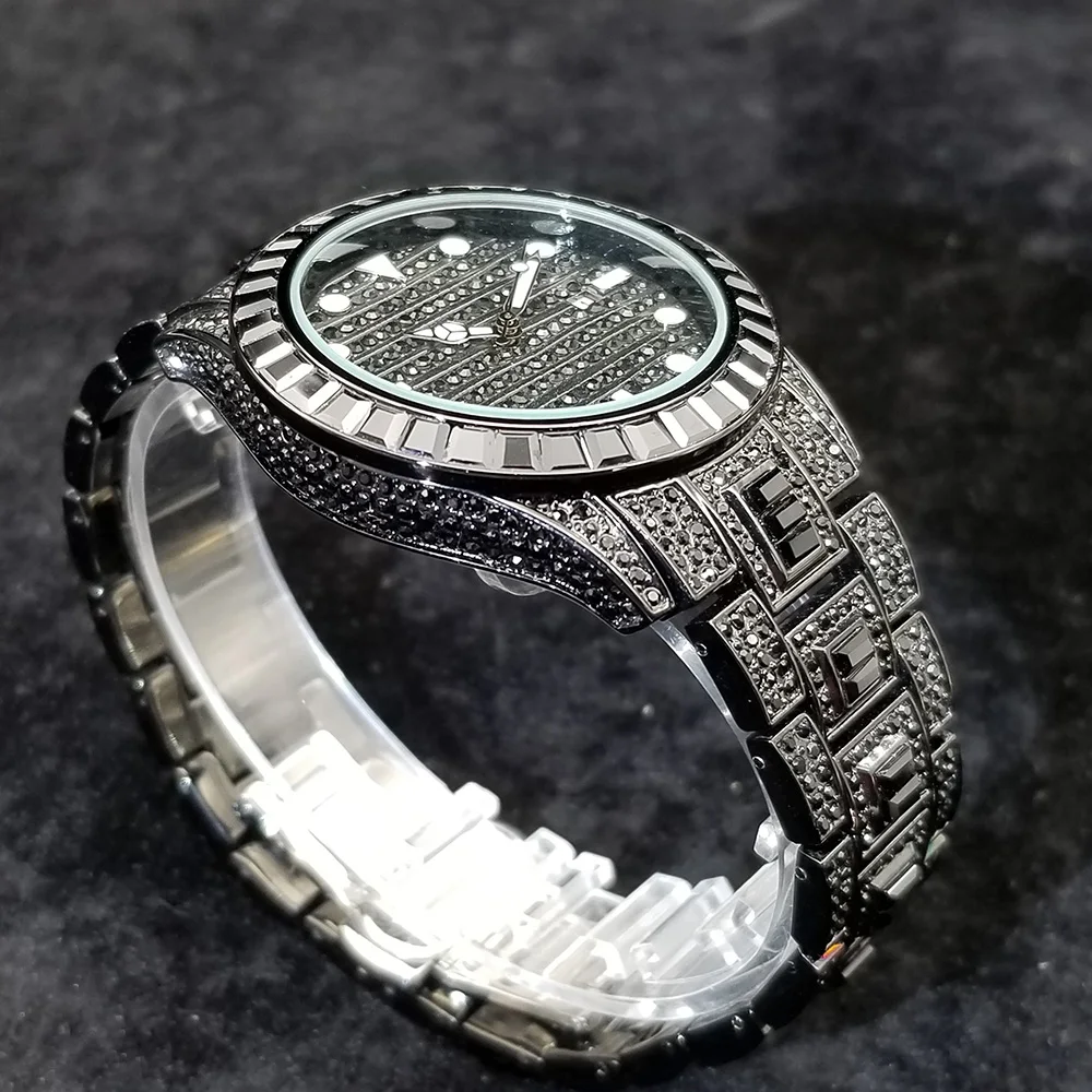 MISSFOX Hip Hop Black Men's Watches Luxury Full Diamond Quartz Watch Personalized Iced Out Luminous Waterproof Relogio Masculino