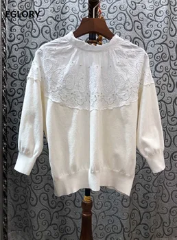 

New 2020 Spring Summer Fashion Pullovers and Sweaters Women Lace Embroidery Beading Knitted Patchwork Casual Blue White Jumpers