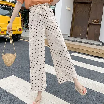 

Comfort Summer Pants Fashion Women Pants Bud High Waist Chiffon Dot Wide-legged Pants Nine-point Loose Casual Pants