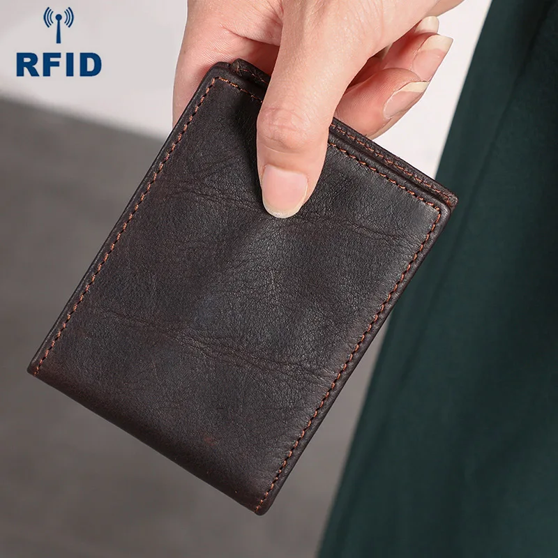 Мужской кошелек из натуральной кожи, RFID, Противоугонный, ID, кредитный держатель для карт, мужской, тонкий, Бизнес Стиль, Ретро стиль, мужской кошелек, двойные, Короткие Кошельки