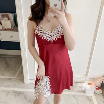 

Summer Sling Night Dress Sexy Lady Sling Nightwear Home Sleepwear Silk Nighty Lace Nightdress With Chest Pad Female Nightgown