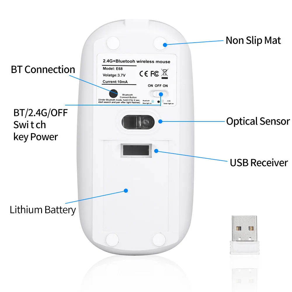 Bluetooth 4,0 Беспроводная игровая мышь 2,4G Беспроводная Двухрежимная Бесшумная мышь с подзарядкой 4 кнопки мыши Rato Sem Fio# BL2