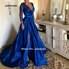 Королевские синие кружевные длинные платья с v-образным вырезом для выпускного вечера, сатиновое бальное платье с высоким разрезом и длинными рукавами, с коротким шлейфом, Vestidos De Festa