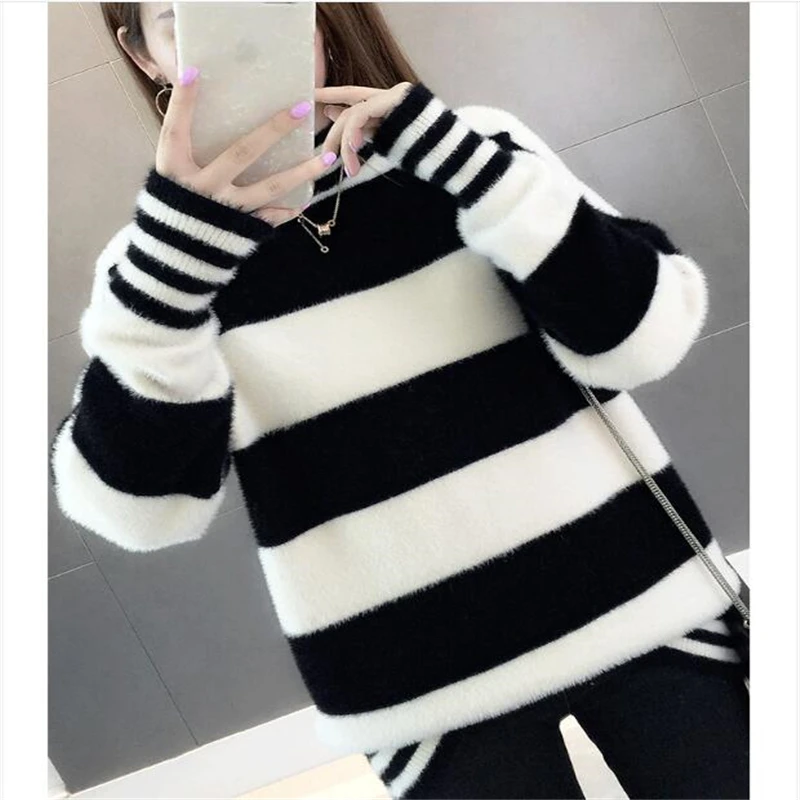 

Babbytoro Women Sweater 2020 Half High Collar Korea Style Knited Pullover Strip Sweaters Pull Homme Brown Pink Red Blue