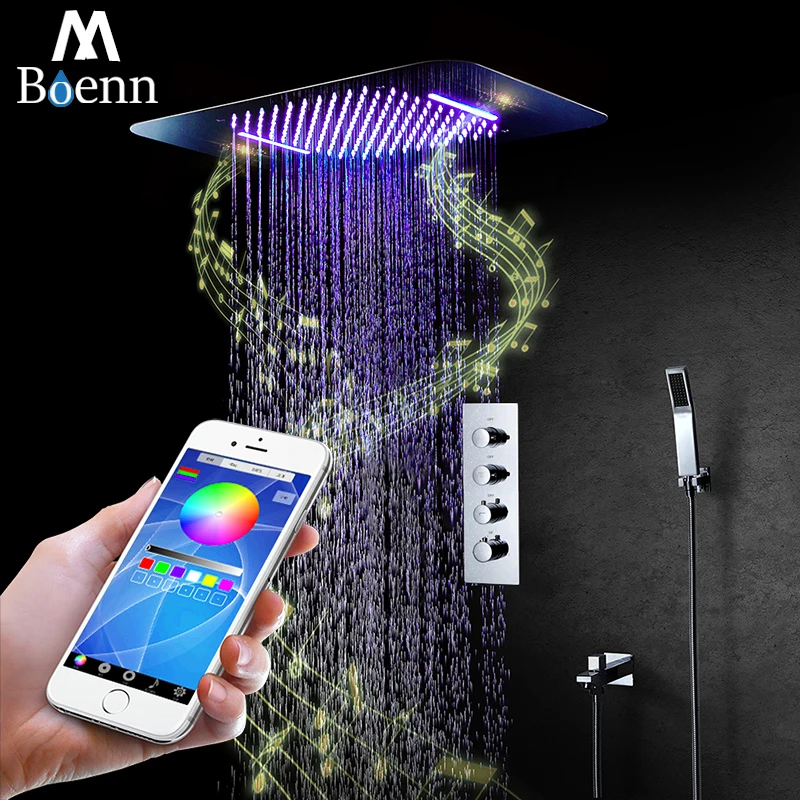 

M Boenn Bathroom Music Shower Set with Embedded Ceiling Waterfall LED Showerhead Thermostatic Faucet valve Shower System Chrome