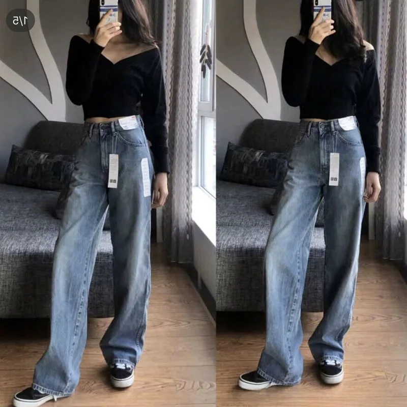 

Large Girl's Autumn New Large Size Women's Wide Leg Jeans High Waist Slimming Straight-Leg Pants Mopping Pants