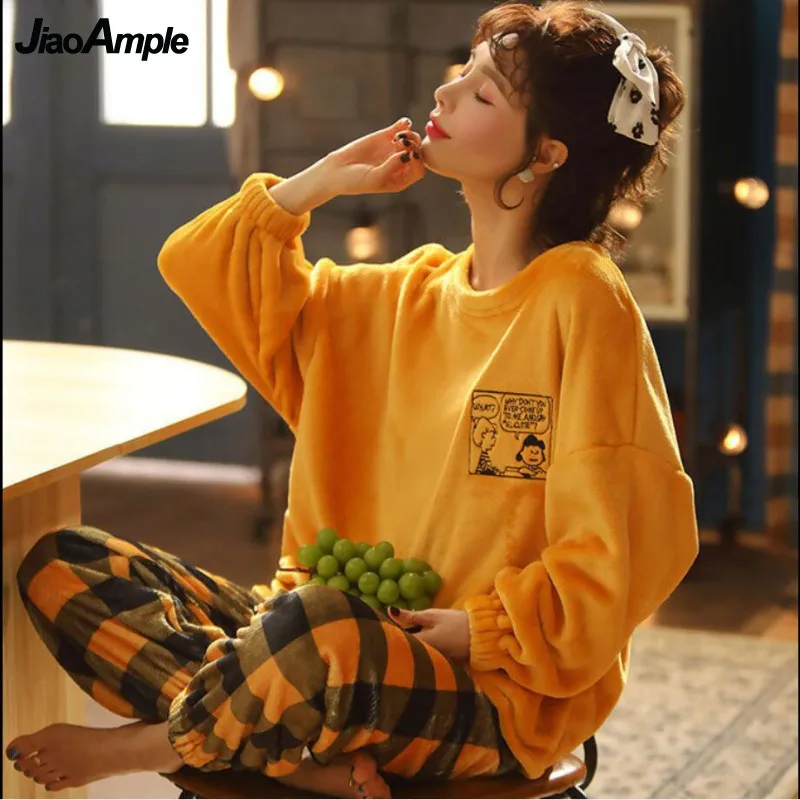2021 Winter New Coral Velvet Pajamas Women's Long-sleeved Trousers Pijamas Two-piece Korean Cute Cartoon Sleepwear Set