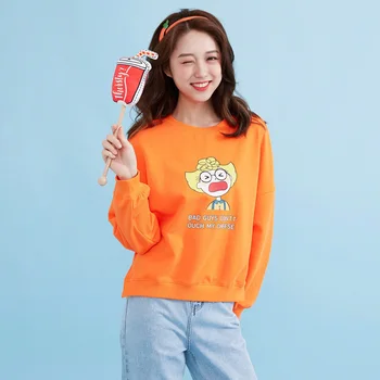 

IEF Spring Summer Fashion Printed Orange Women Hoodies Causal Oneck Full Sleeves Loose Pullover 0N30K-D15897-