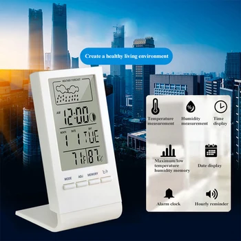

2in1 Thermometer Hygrometer LCD Digital Display Humidity Monitor with Clock Funcation for Living Room Bedroom Kitchen Home