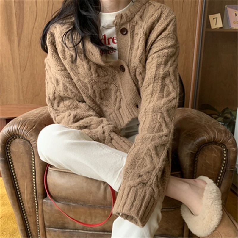 

New Women's Twist Sweaters Jackets Autumn Casual Loose O-neck Single Breasted Knit Cardigans For Female Solid Color Lady Outwear