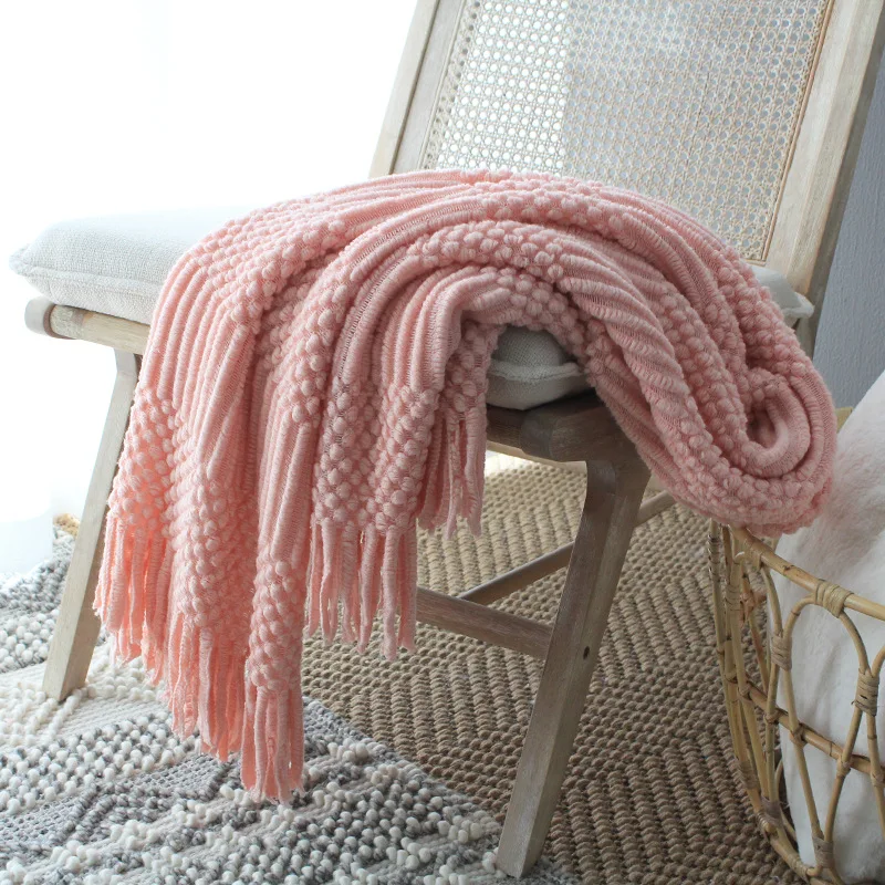 

Knit Throw Blanket Knitted Air Condition Blanket Travel Acrylic Breathable Tassels fringe 127x170cm Decoration Pink Grey khaki