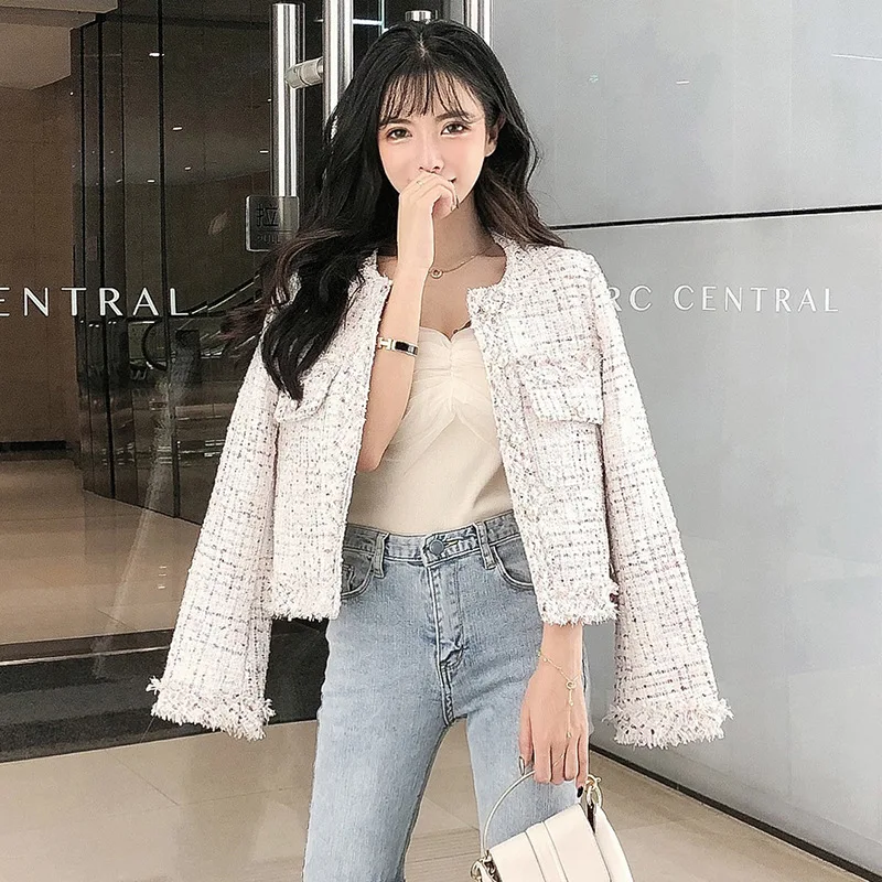

High-End Woolen Jacket Women's 2019 Autumn Clothing Debutante Graceful Pattern Tweed Elegant Slimming Versatile Tops Fashion