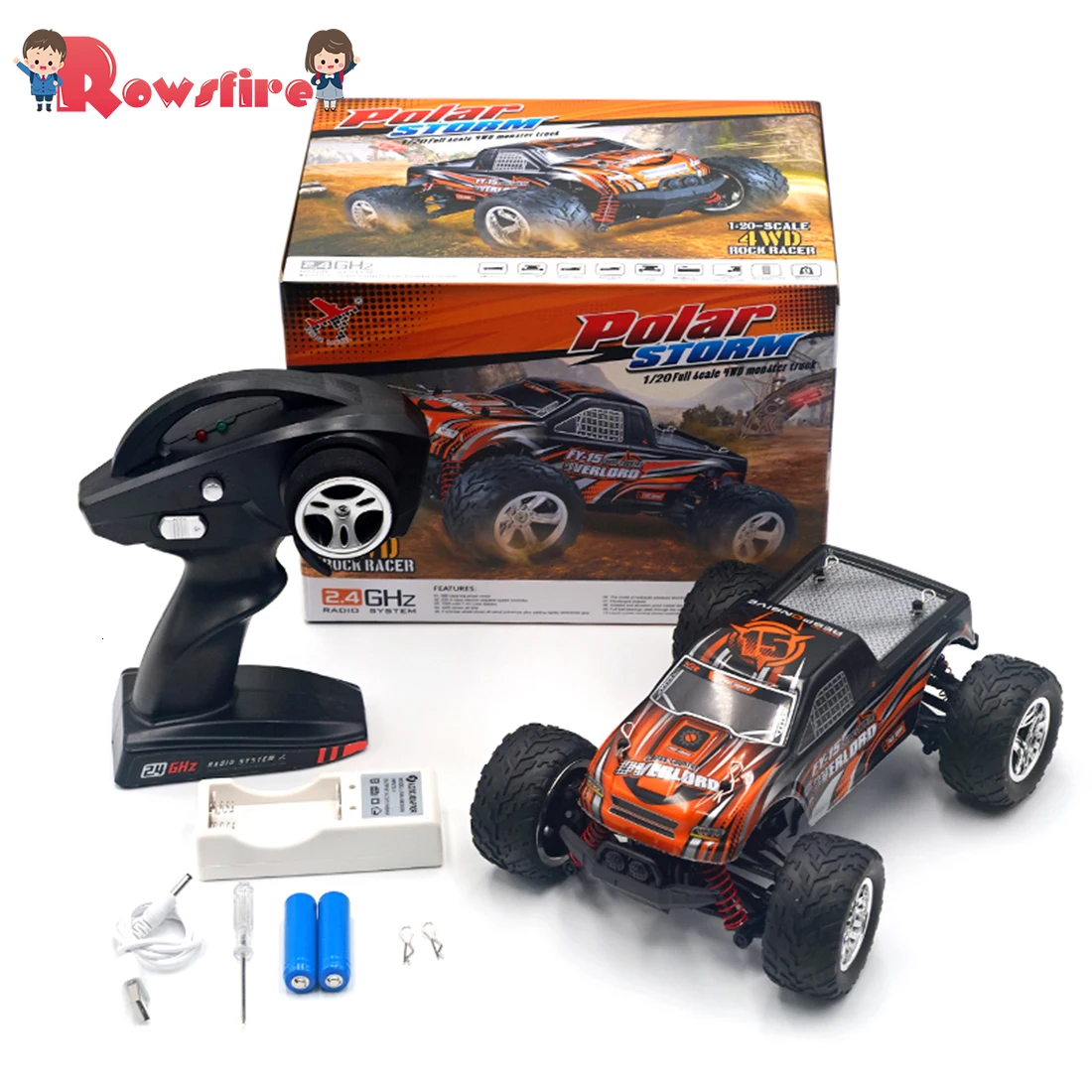 

Rowsfire FY 15 1:20 2.4G 4WD High-speed Remote Control Off-road Vehicle RC Sports Car Toys for Kids Assembly Toy Black+Orange