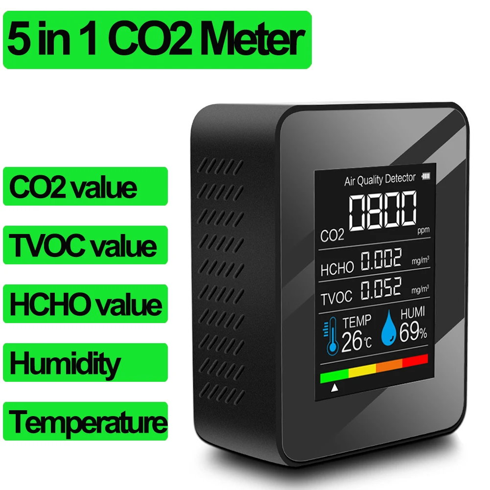 tape measure cm 5 in 1 CO2 Meter Digital Temperature Humidity Sensor Tester Air Quality Monitor CO2 Detector Carbon Dioxide TVOC HCHO Detector instrument to measure wind speed Measurement & Analysis Tools