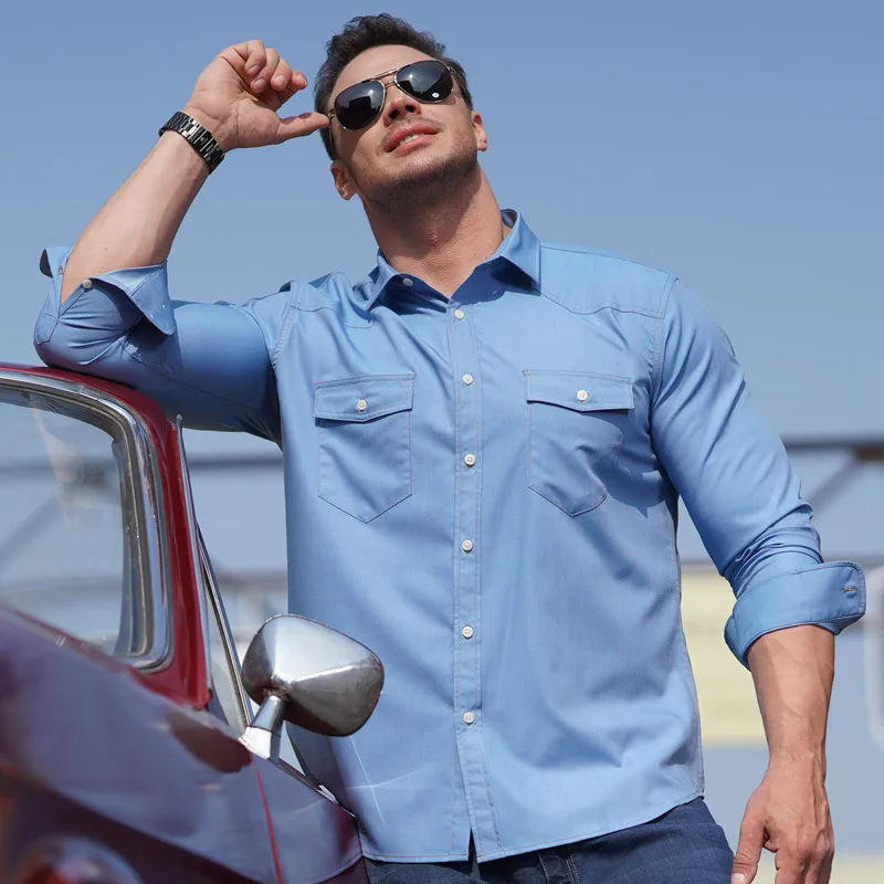 Men Stretch Denim Long Sleeve Shirts Spring Autumn Single Breasted Casual Business Square Collar Thin Loose Fit Tops | Мужская одежда