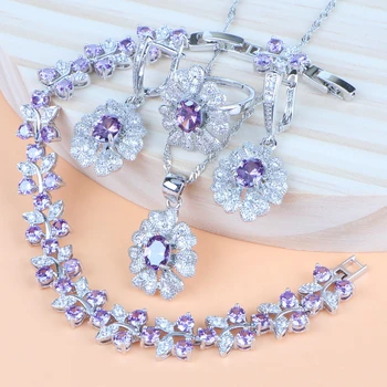 

Women Bridal Jewelry Sets For Silver 925 Purple Zirconia Wedding Necklace Sets Earrings Ring Pendant Bracelet Costume Jewelry