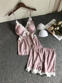 

New Sleep Lounge Pajama Set Sexy Satin Silk Sleepwear Lady Summer Pyjama Femme Flower Babydoll Pajamas for Women Lace Homewear