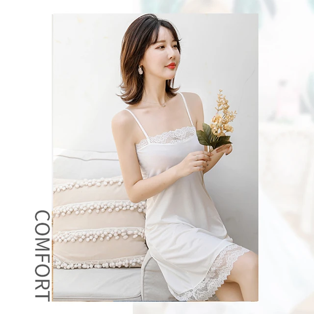 Sexy Milk Silk Suspender Underskirt Women Deep Chest Lace Full Slip Dress  Slim Transparent Underdress Bottoming Skirt Nightdress - Slips - AliExpress