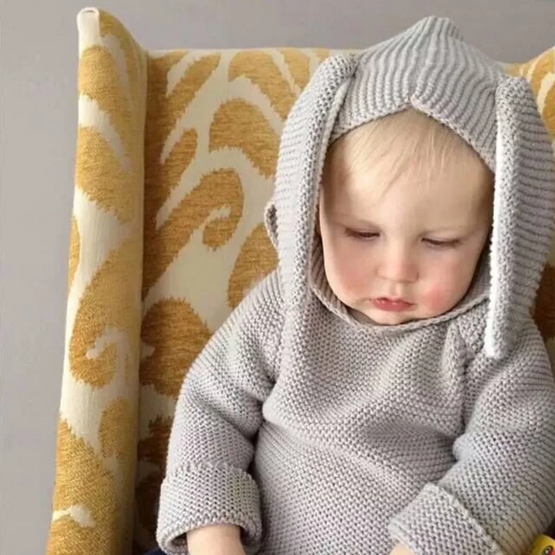 Новые осенние свитера для малышей хлопковый пуловер с кроликом детский жаккардовый свитер милый вязаный свитер с капюшоном и заячьими ушками для маленьких мальчиков и девочек