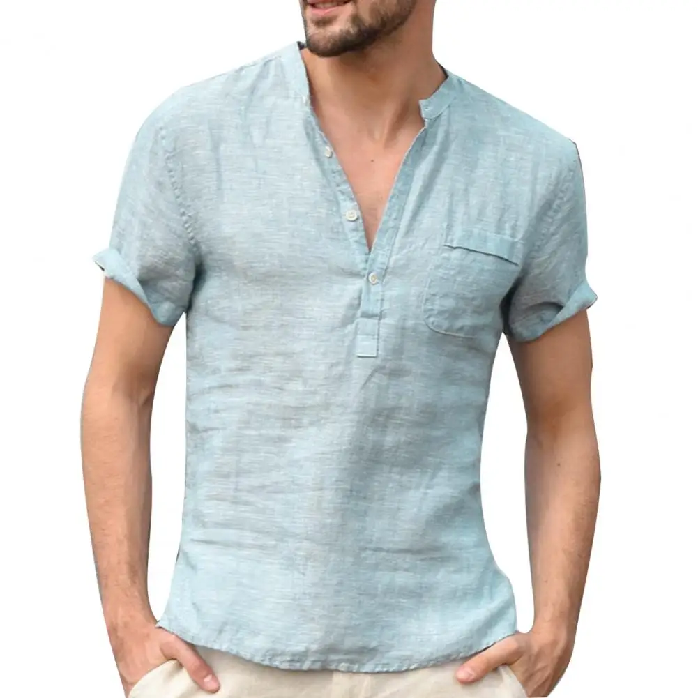Summer Men Shirts Button V Neck Patch Pocket Linen Top Short Sleeve Shirt Summer Men's Clothing футболка XXXL