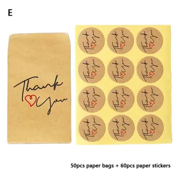 

50pcs Kraft Paper Bag with 60pcs Thank You Round Label Stickers for Candy Package Gift Bags Wedding Party Favors Suplies