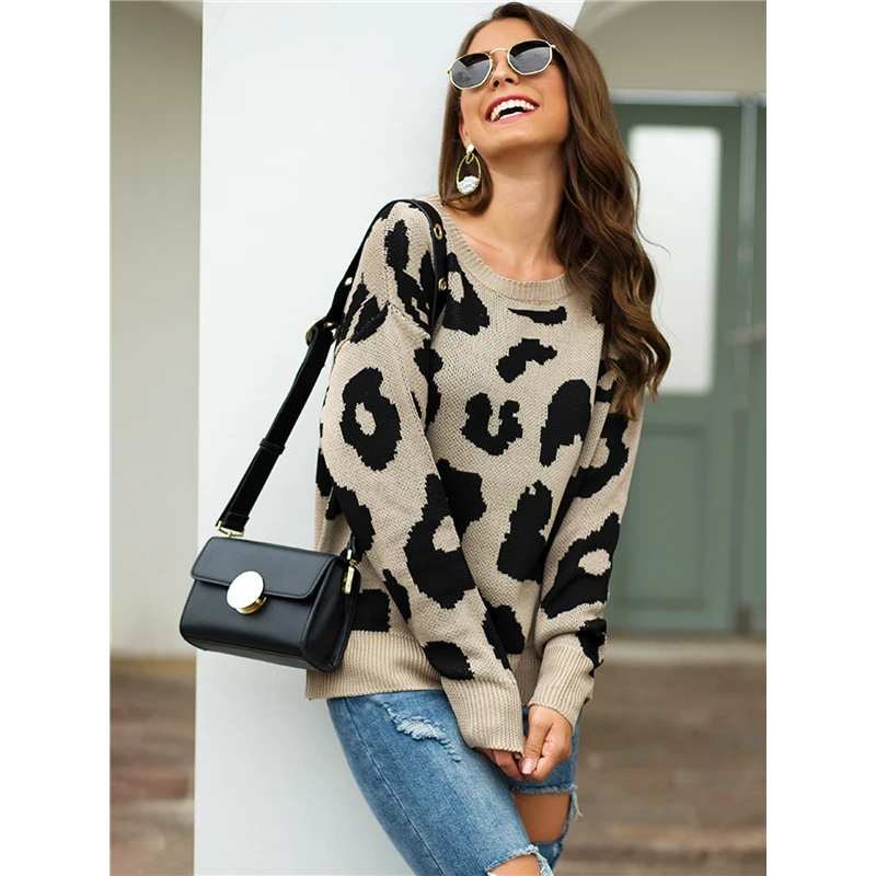 Sheinside Повседневный вязаный свитер с леопардовым принтом для женщин, осенние прямые свитера цвета хаки, женский теплый свитер с рукавом реглан