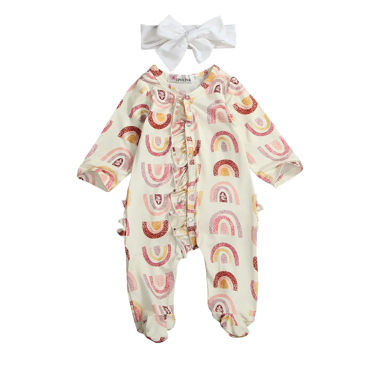 

Pudcoco 2020 Autumn 0-12M Newborn Baby Girl Pink Rainbow Print Flared Single Breasted Back Ruffled Footie Long Sleeve Jumpsuit