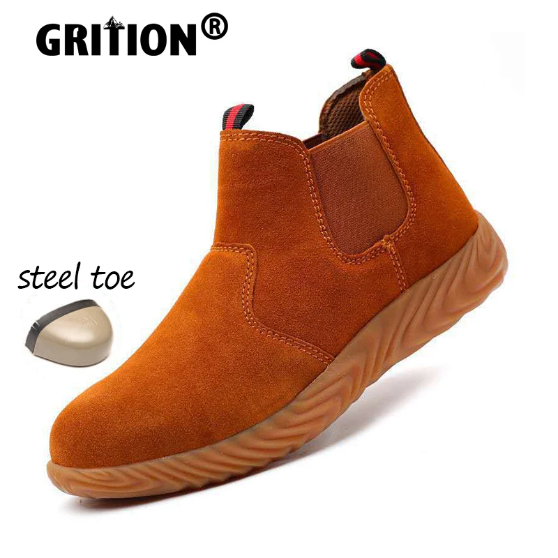 GRITION Mens Shoes Steel Toe Suede Cowhide Work Safety Boots Nonslip Welder Shoes Anti Smash Anti Puncture Lightweight Comfort
