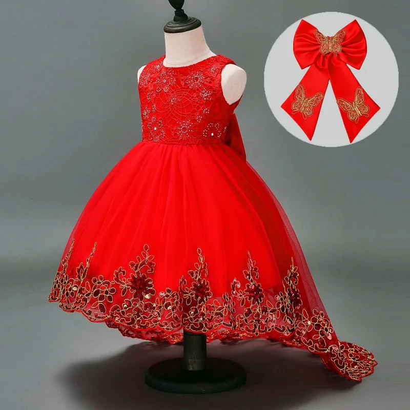 Новогоднее вечернее платье для девочек; детское свадебное платье принцессы с большим бантом для девочек; вечерние платья с золотыми кружевами и блестками