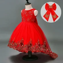 Новогоднее вечернее платье для девочек; детское свадебное платье принцессы с большим бантом для девочек; вечерние платья с золотыми кружевами и блестками