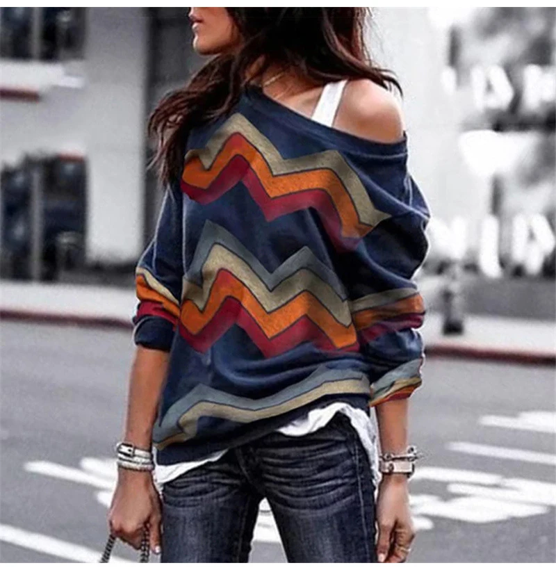 Autumn Winter Women T Shirts Geometric Long Sleeve Tee Shirt Top Sexy One Shoulder Female Plus Size Streetwear Ladies