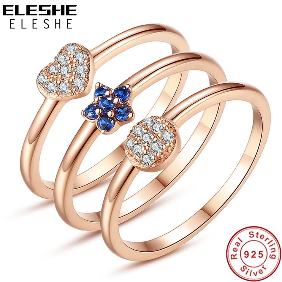Подлинный eleshe, 925 пробы, серебряное, розовое золото, цветок, кольцо, голубой, прозрачный CZ Кристалл, кольца на палец для женщин, свадебные ювелирные изделия