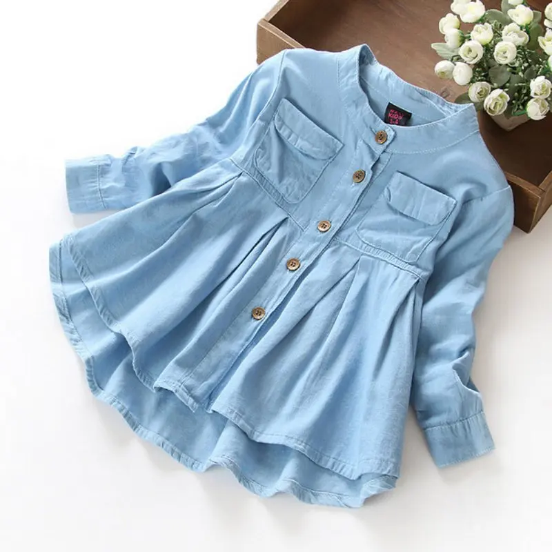 Весенне-осенние джинсовые рубашки с длинными рукавами для маленьких девочек Повседневная Мягкая Однотонная рубашка высокого качества с карманами - Цвет: Синий