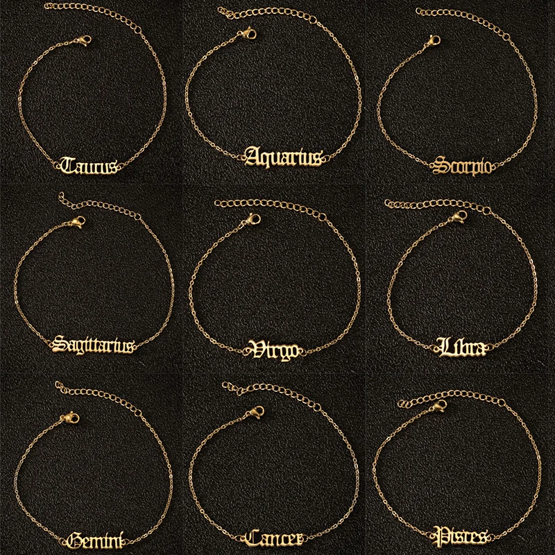 Punk Initial Letter Anklets Classic Star Zodiac Ankle Bracelet Stainless Steel 12 Constellation Virgo Taurus Aries Foot Jewelry