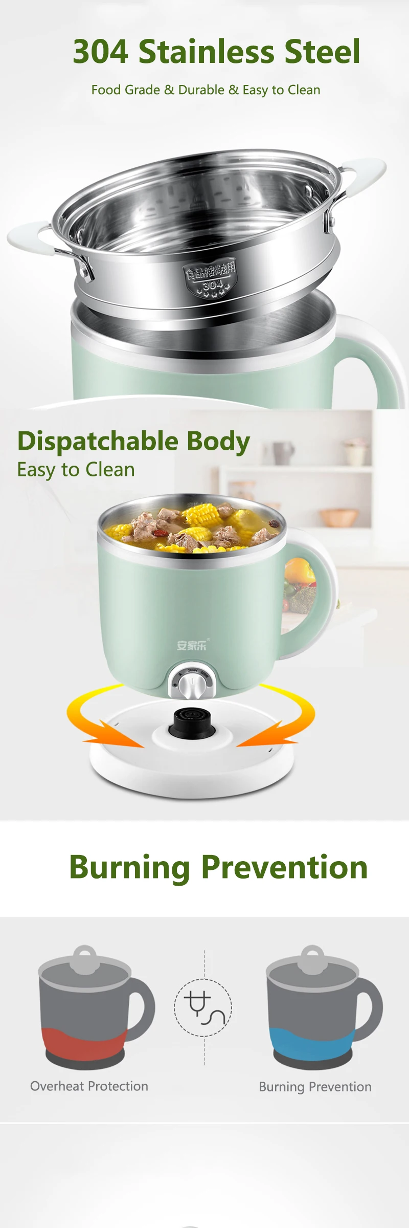 2l Portable Travel Electric Pot With Steamer Multifuncion Cooker For