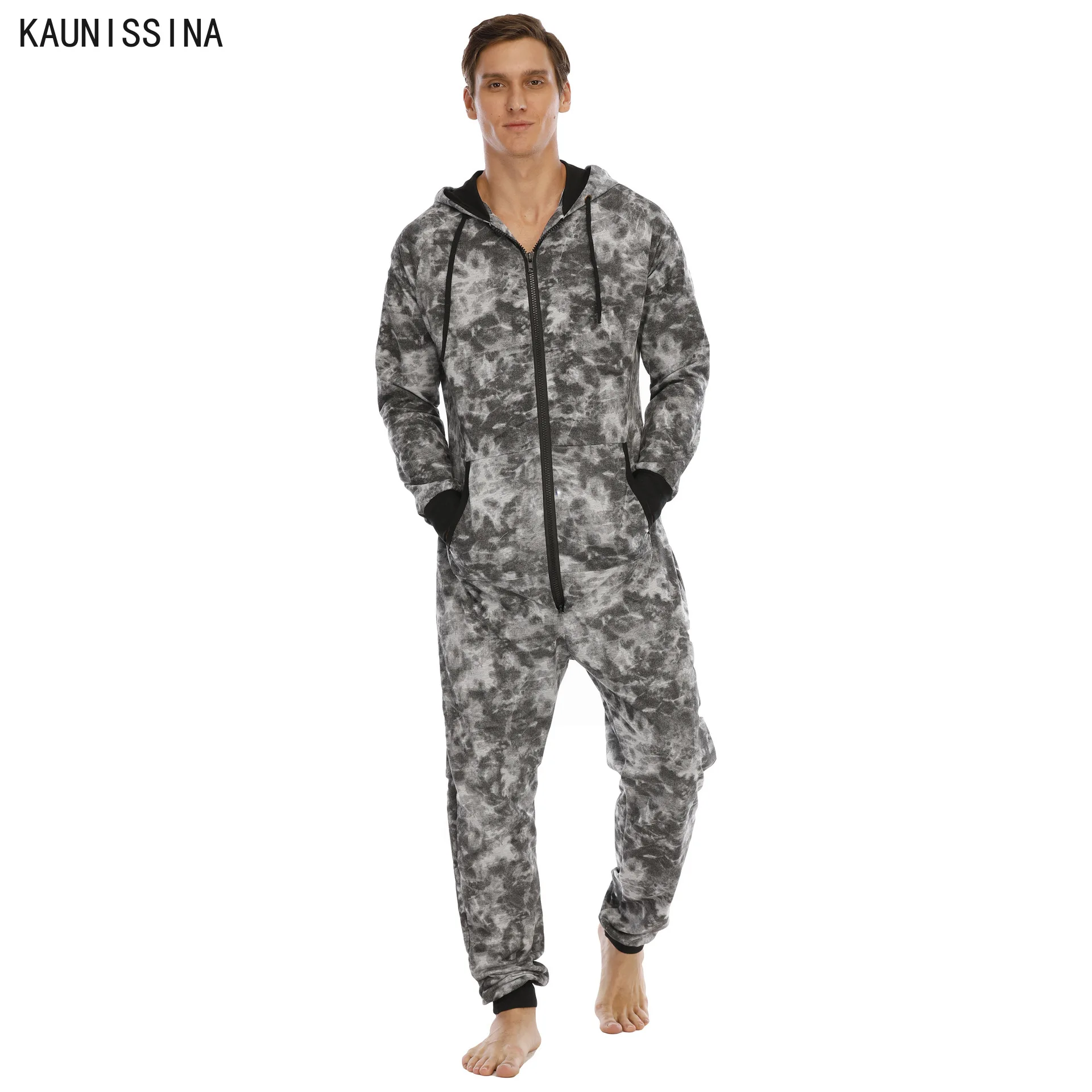 

Men Onesies Jumpsuit Sleepwear Long Sleeve Zipper Hooded Thick Adult Onesies One Piece Pajama Male Autumn Winter Homewear Set
