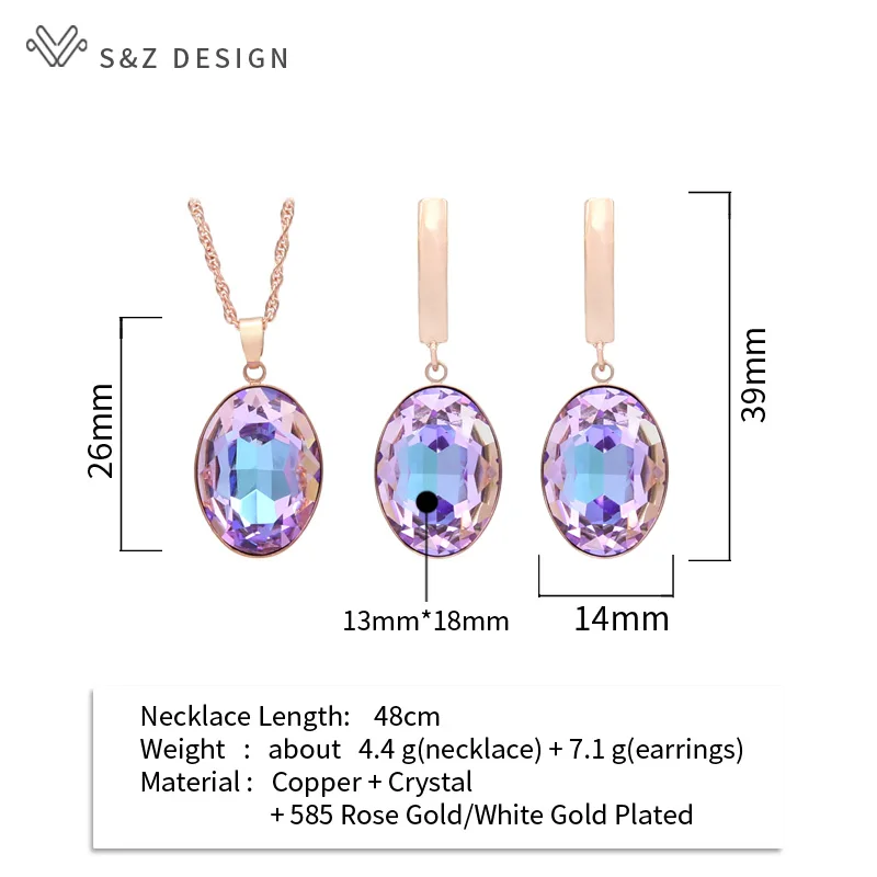S&Z DESIGN New Luxury Colorful Oval Egg Shape Crystal Dangle Earrings Pendant Necklace Jewelry Sets For Women Wedding Jewelry