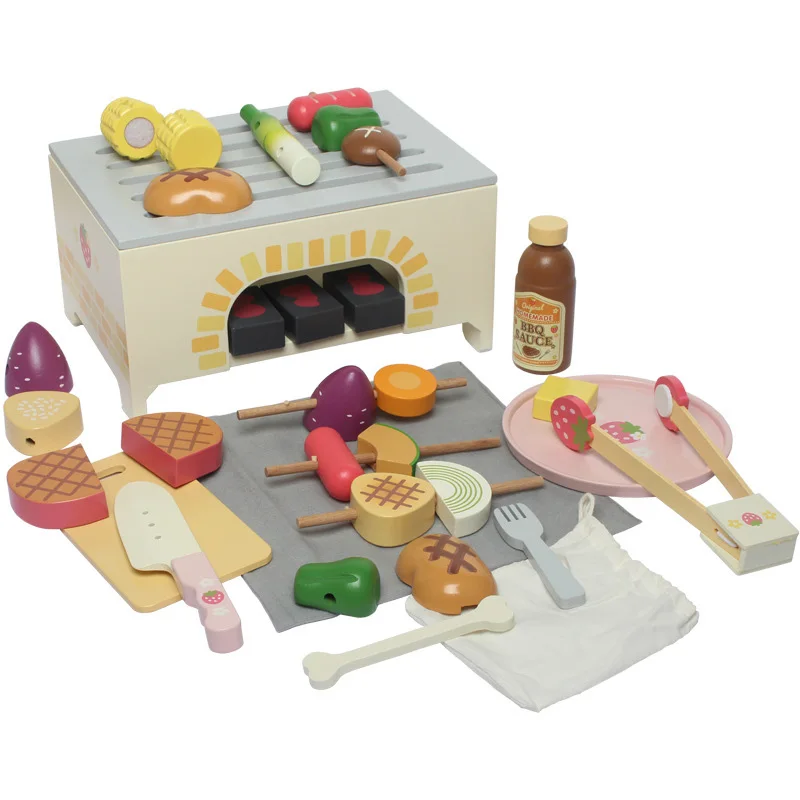 

Wood Children Barbecue Group Set Baby Play House Model Kitchen Toy BBQ Fruit Earnestly Birthday Gift