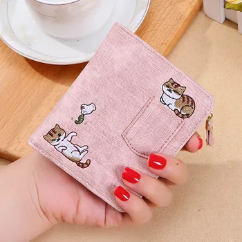 

New Design Wallet Women Embroidery Cat Wallet Zipper Coin Purse Short Women's Wallet Mini Cards Holder Bag Carteras Mujer