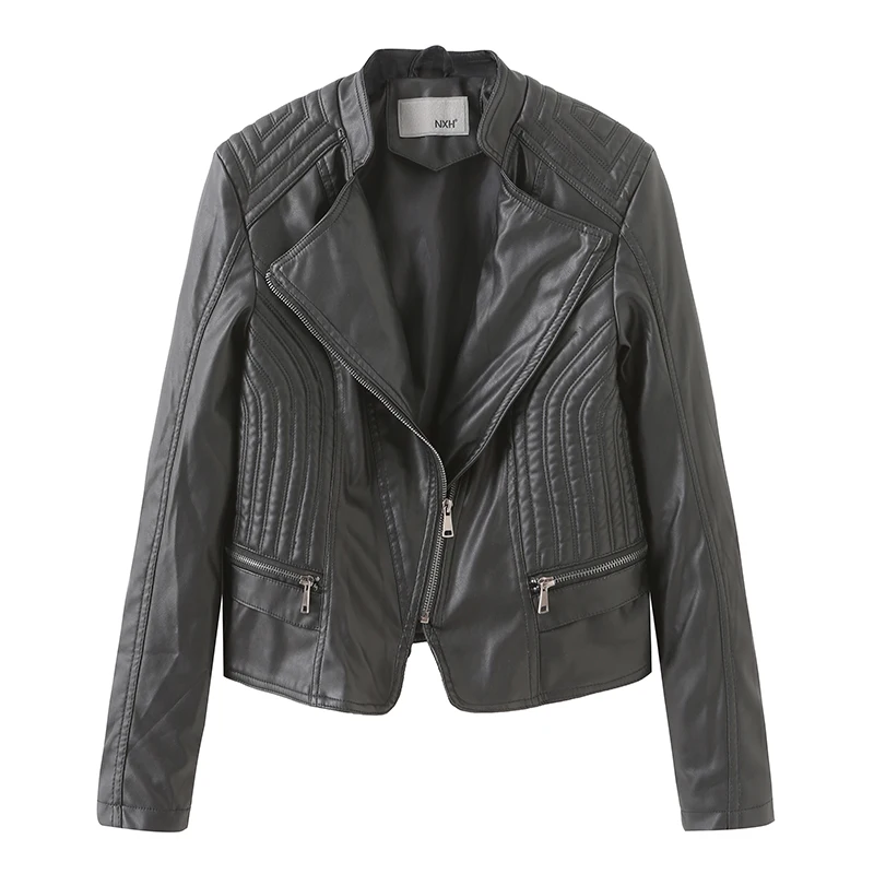 Women Fashion Jacket Elegant Casual Punk Leather Motorcycle Jacket Biker Zipper Slim Long Sleeve Coat Solid Color Cool Jackets