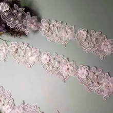2 ярда розовый жемчуг цветок лист ручной работы вышитый бисером кружевной край отделка Лента для аппликации свадебное платье швейное ремесло DIY Горячая Распродажа