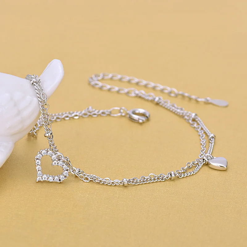 Silver Anklets Fashion 925 Silver Double Chain Anklets Rhinestone Heart Anklets Women Girls Foot Barefoot Leg Jewelry SLE118 Silver Anklets Fashion 925 Silver Double Chain Anklets Rhinestone Heart Anklets Women Girls Foot Barefoot Leg Jewelry SLE118