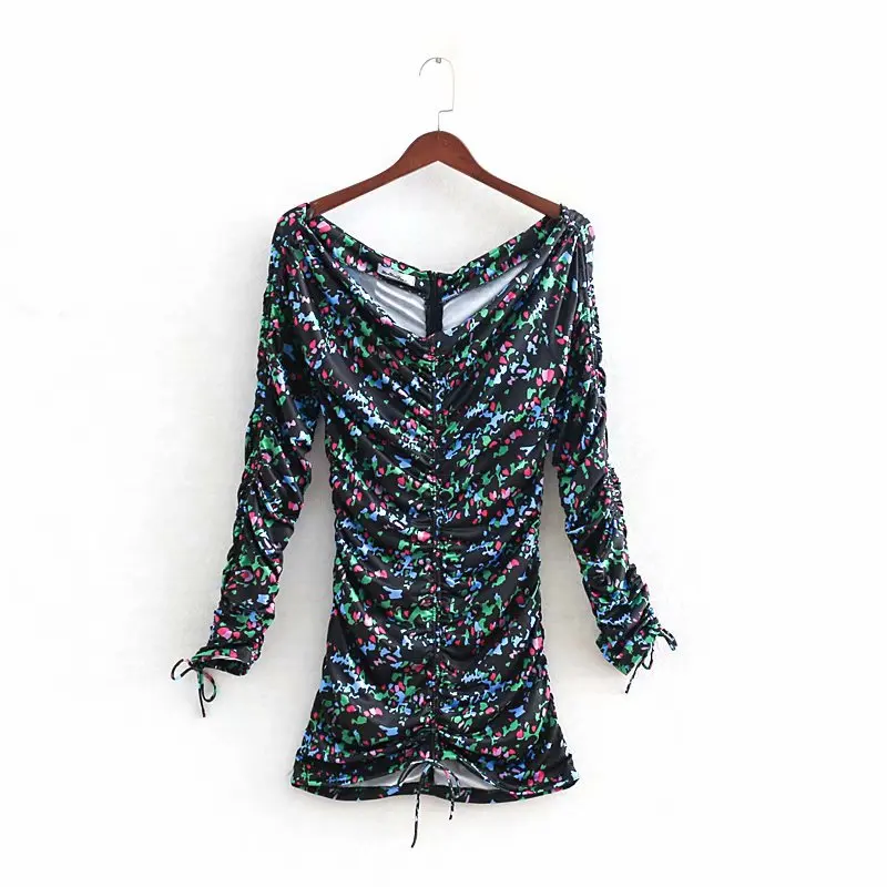 

2019 Winter WOMEN'S Dress Elegant Long Sleeve Floral Printed Slim Fit Slimming Drawstring Pleated Dress Short Skirt Report