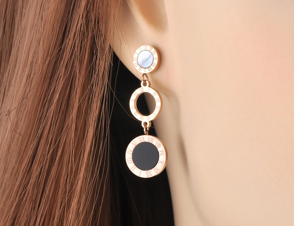 Dangle Earrings JeeMango Stainless Steel 3Pcs Disc Roman Numerals Dangle Earrings for Women Girl Shell & Acrylic Bohemia Earrings JE19184