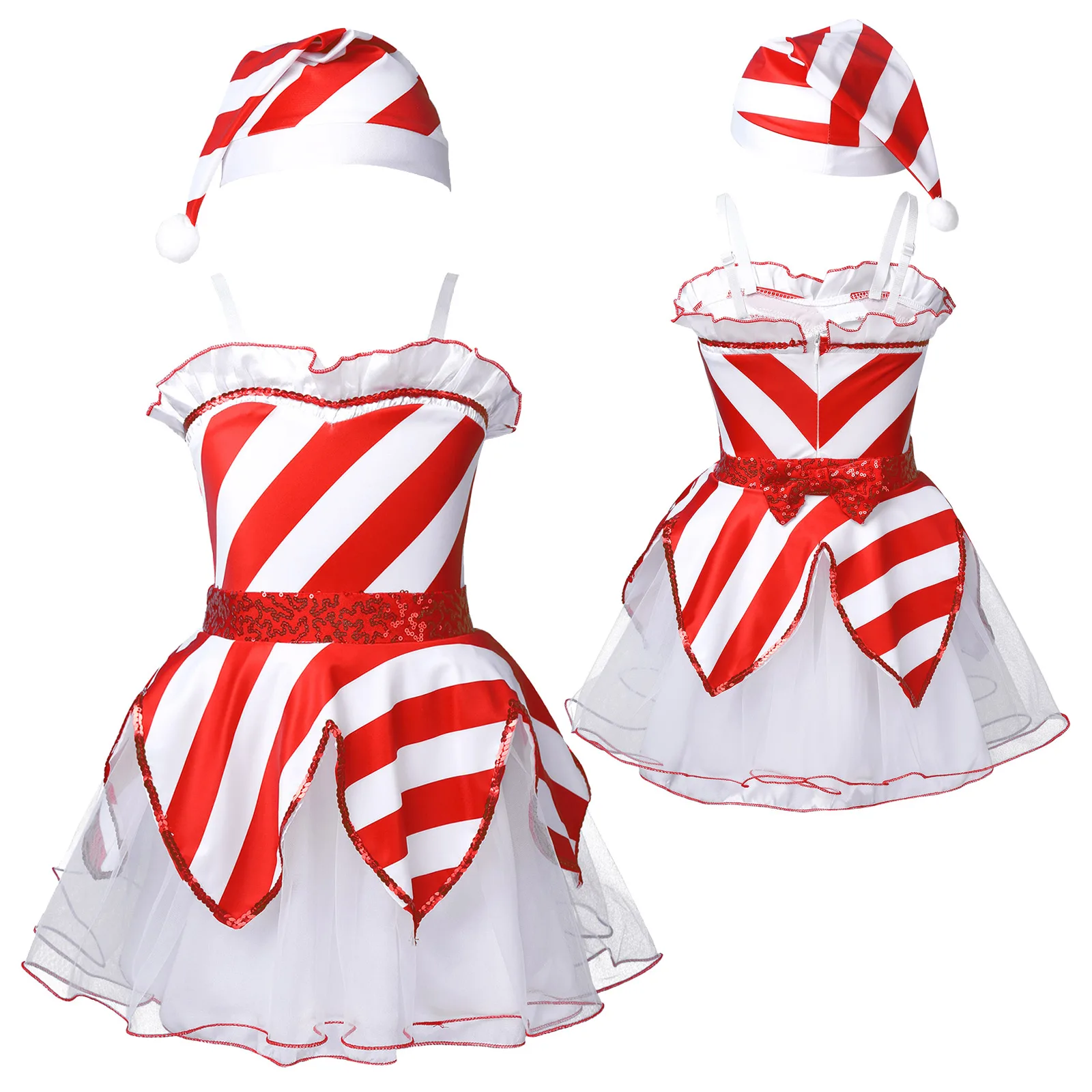 

Kids Girls Christmas Santa Claus Costume Sequins Striped Mesh Tutu Dress with Hat for Xmas Party Cosplay Performance Dancewear